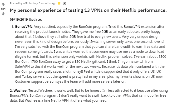  free- vpn-netflix-reddit "width =" 723 "height =" 442 "srcset =" https://144839-418331-2-raikfcquaxqncofqfm.stackpathdns.com/wp-content/uploads/2020/02/free-vpn-netflix -reddit.png 723w، https://144839-418331-2-raikfcquaxqncofqfm.stackpathdns.com/wp-content/uploads/2020/02/free-vpn-netflix-reddit-300x183.png 300w "size =" (حداکثر -width: 723px) 100vw، 723px "/> </noscript> </p>
<p> Wachee را می توان به عنوان یک افزونه در گوگل کروم به صورت رایگان اضافه کرد. کافی است آن را در فروشگاه Chrome دریافت کرده و آن را روشن کنید. هنگامی که به Netflix وارد شوید ، به طور خودکار نسخه ایالات متحده را با محتوای منحصر به فرد بدون توجه به مکانی که در جهان قرار دارید مسدود می کند. </p>
<h2> نتیجه گیری </h2>
<p> یک VPN رایگان Reddit ، طبق حکم جامعه ، به طور کلی نیست. توصیه می شود به دلیل سابقه ارائه دهندگان رایگان فروش اطلاعات کاربر برای سود. با این وجود ، چندین سرویس VPN قانونی به صورت رایگان وجود دارد که بسیاری از کاربران Reddit از آن راضی هستند. </p>
<p> کافی است لیست VPN های بالا را پیدا کنید تا یک مورد متناسب با نیازهای خود را پیدا کنید ، زیرا همه این موارد دارای مهر تأیید Reddit است. [19659067]</pre>
<p><a href=