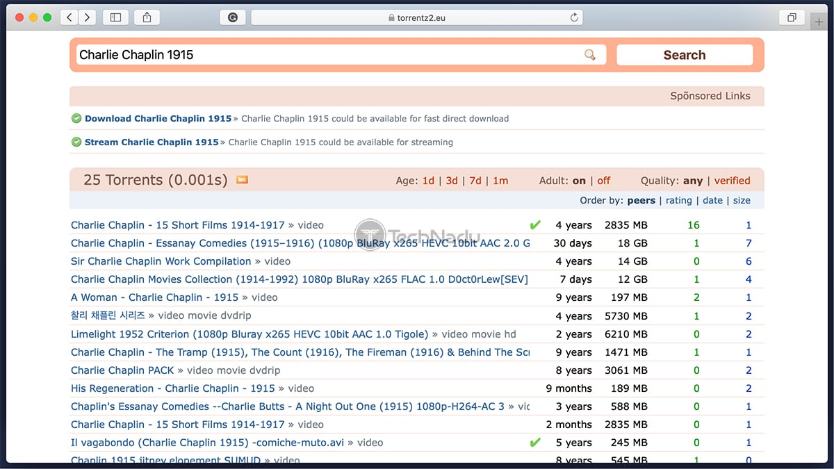  صفحه نتایج جستجوی Torrentz2 