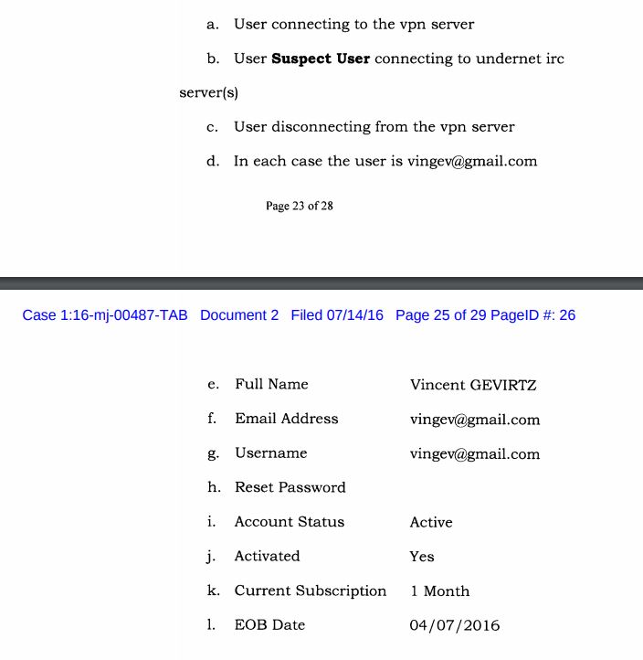  صفحات مربوط به دادگاه دادگاه که اثبات این شرکت پشت IPVanish داده های مشترک را با دولت آمریكا 