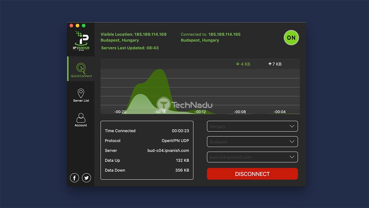  IPVanish صفحه اصلی UI macOS 