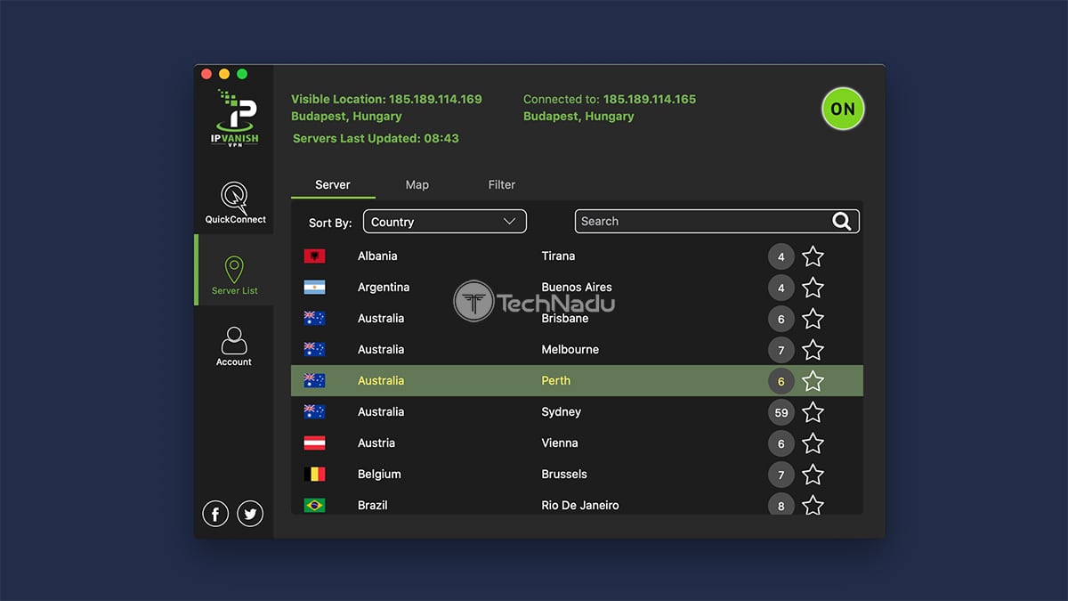  IPVanish Server List UI macOS UI 