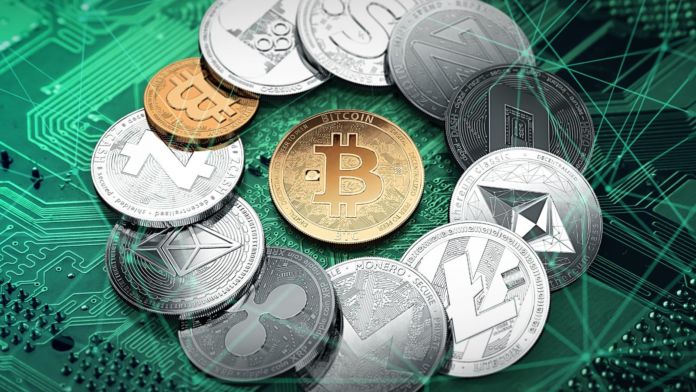 Cryptocurrency Coins On Circuit Board