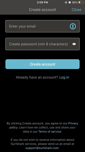  آدرس ایمیل و رمز عبور را برای حساب آزمایشی رایگان surfshark وارد کنید 
