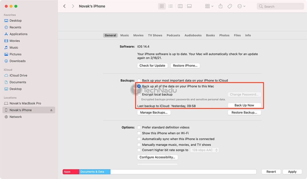  پشتیبان گیری از آیفون از طریق iTunes در macOS 