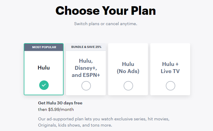  انتخاب طرح اشتراک Hulu 