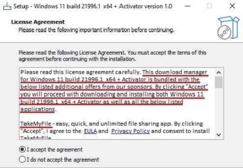  fake-windows-11- installers-licence-deal "width =" 500 "height =" 345 "srcset =" // 144839-418331-2-raikfcquaxqncofqfm.stackpathdns.com/wp-content/uploads/2021/07/fake-windows-11-installers -license-contract.jpg 500w ، //144839-418331-2-raikfcquaxqncofqfm.stackpathdns.com/wp-content/uploads/2021/07/fake-windows-11-installers-license-agriage-300x207.jpg 300w "اندازه = "(max-width: 500px) 100vw، 500px" /> </p>
<p> به محض این که کاربران اجرایی را شروع می کنند ، این یک مورد اجرایی دیگر را که یک نصب کننده است فعال می کند. دومین اجرایی همراه با توافق نامه مجوز به نام "<em><strong> مدیر بارگیری برای 86307_windows 11 build 21996.1 x64 + activator. </strong></em> "</p>
<p> پس از پذیرفتن این توافق نامه ، چندین نرم افزار مخرب <strong> </strong> در دستگاه ویندوز شما معرفی می شود. </p>
<p> <img loading=